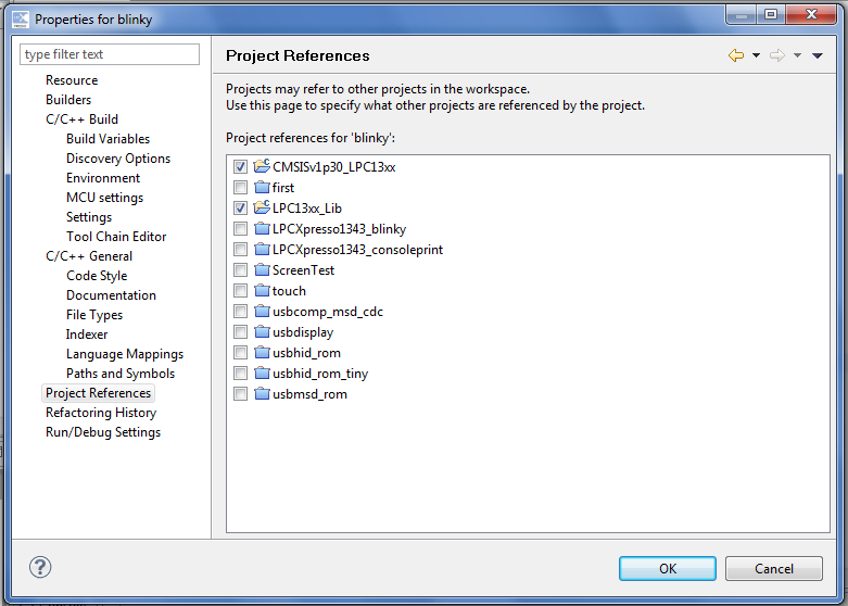 Страница зависимостей проекта в окне свойств проекта