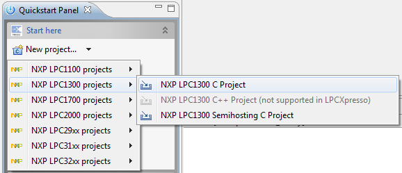 Новый С проект для LPC1300 в панеле быстрого запуска