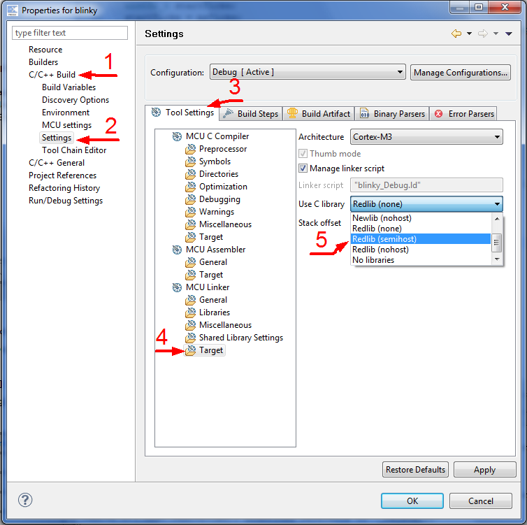 Выбор semihost библиотеки в свойствах проекта