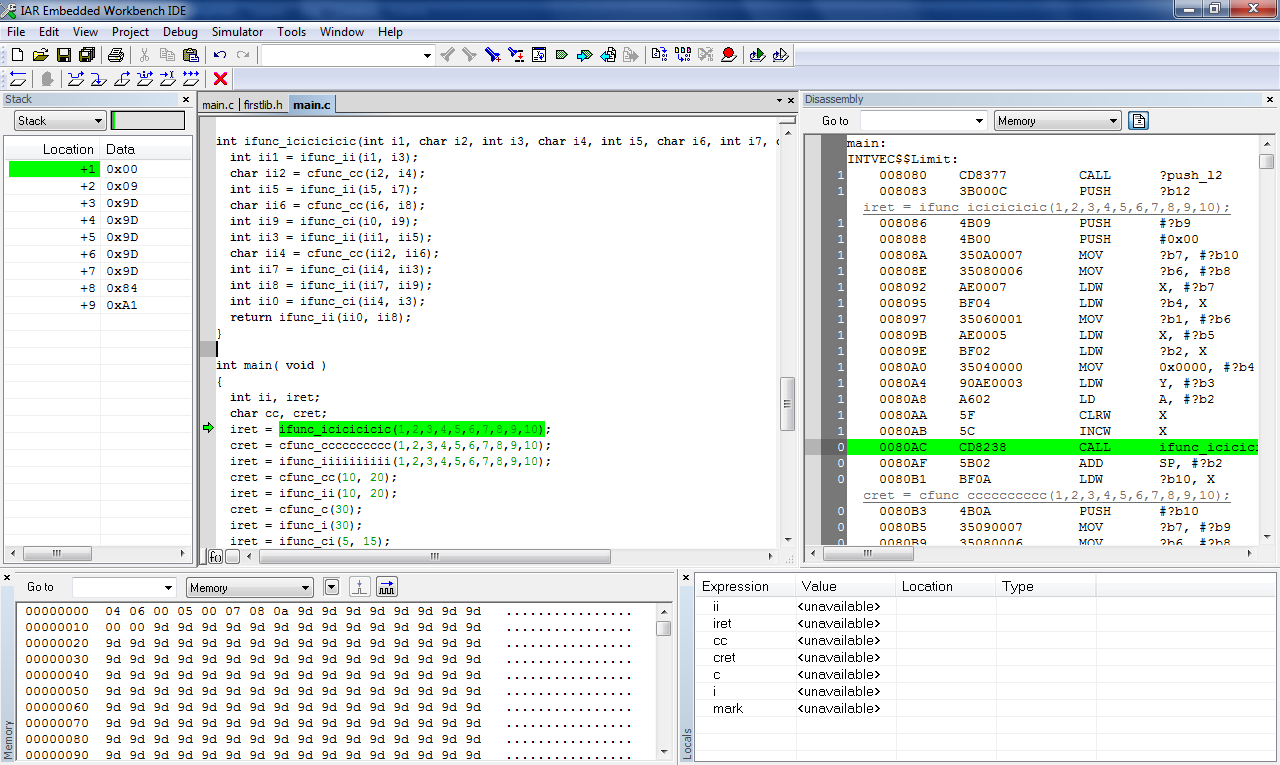 Размещение параметров при вызове функции
